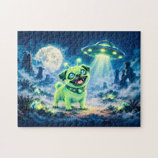 Halloween Alien Pug with Night Spaceship ジグソーパズル (横)