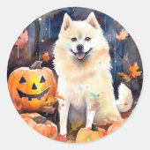 Halloween American Akita With Pumpkins Scary ラウンドシール (正面)