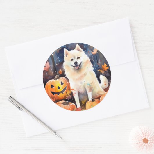Halloween American Akita With Pumpkins Scary ラウンドシール (封筒)