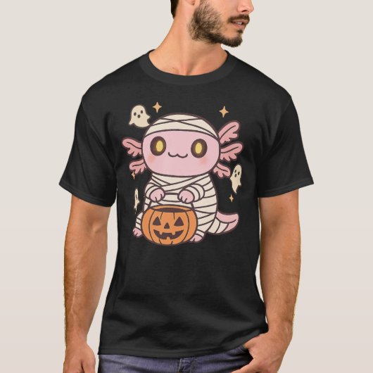 Halloween Axolotl Witch Mummy Kawaii Ghost Pumpkin Tシャツ (正面)