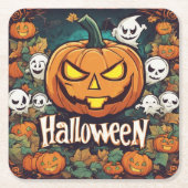 Halloween-Banner mit Kürbissen und Geistern -  スクエアペーパーコースター (正面)