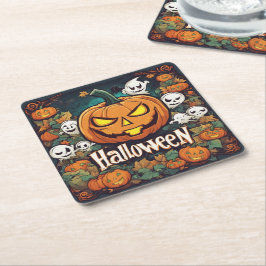 Halloween-Banner mit Kürbissen und Geistern -  スクエアペーパーコースター