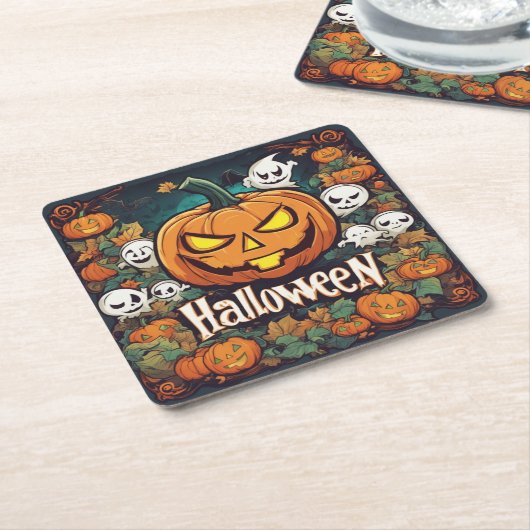Halloween-Banner mit Kürbissen und Geistern -  スクエアペーパーコースター (アングル)
