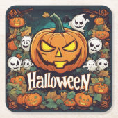 Halloween-Banner mit Kürbissen und Geistern -  スクエアペーパーコースター (正面)
