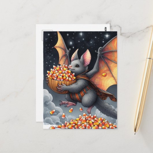 Halloween Bat Flying Squirrel Hybrid with Candy ポストカード (正面/裏面インサイチュ)