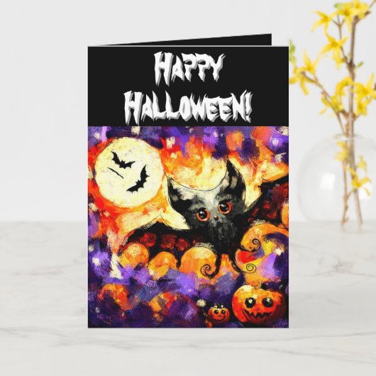 Halloween Bat & Jack-O-Lanterns Personalized カード (黄色い花)