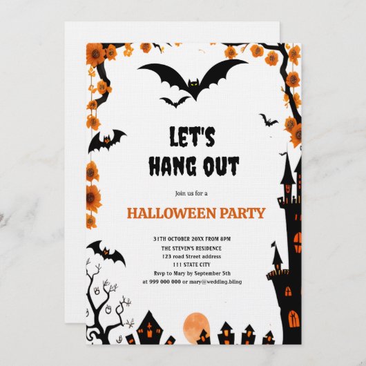 Halloween Bat let's hang out Halloween party 招待状 (正面/裏面)