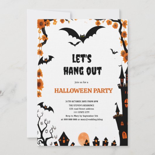 Halloween Bat let's hang out Halloween party 招待状 (正面)