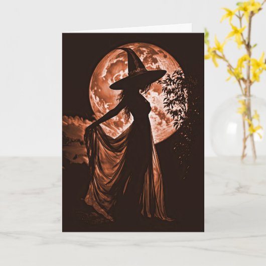 Halloween Beautiful Witch Silhouetted in Orange カード (黄色い花)