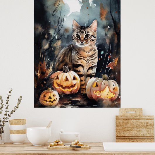 Halloween Bengal Cat With Pumpkins Scary ポスター (キッチン)