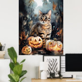 Halloween Bengal Cat With Pumpkins Scary ポスター (ホームオフィス)