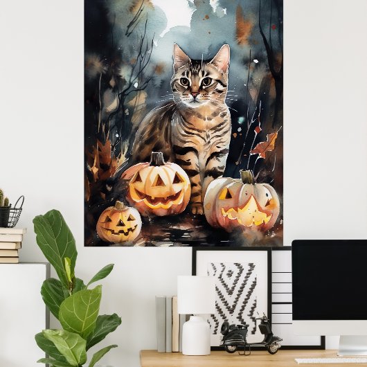 Halloween Bengal Cat With Pumpkins Scary ポスター (ホームオフィス)