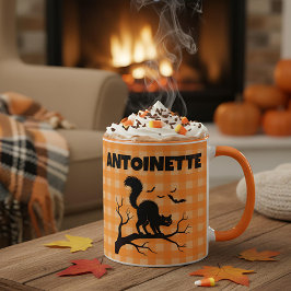 Halloween Black Cat & Bats Orange Plaid Name マグカップ