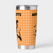 Halloween Black Cat & Bats Orange Plaid Name 保温保冷タンブラー (左面)