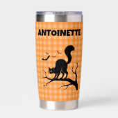 Halloween Black Cat & Bats Orange Plaid Name 保温保冷タンブラー (背面)