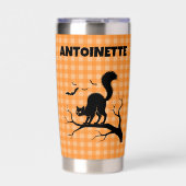 Halloween Black Cat & Bats Orange Plaid Name 保温保冷タンブラー (正面)