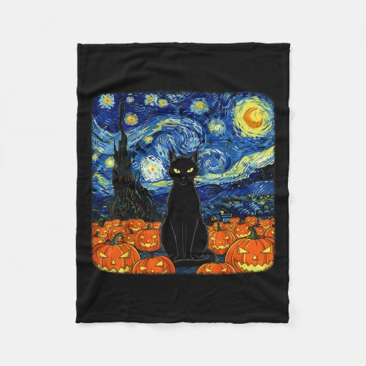 Halloween Black Cat Costume Van Gogh Starry Night フリースブランケット (正面)