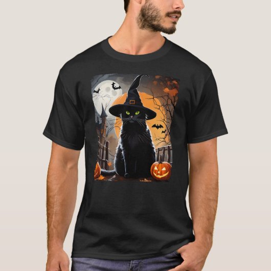 Halloween Black Cat Hat Spooky Cat and Pumpkin Gra Tシャツ (正面)
