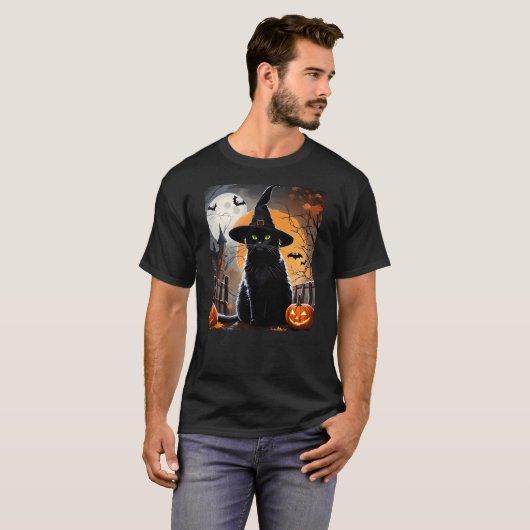 Halloween Black Cat Hat Spooky Cat and Pumpkin Gra Tシャツ (正面フル)