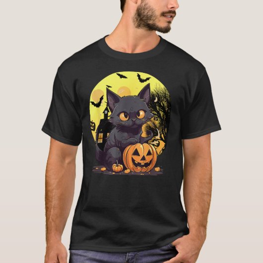 Halloween Black Cat Haunted Mansion Happy Hallowee Tシャツ (正面)