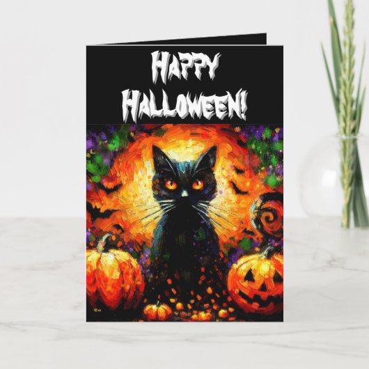 Halloween Black Cat & Jack-O-Lanterns Personalized カード (正面)