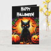 Halloween Black Cat & Jack-O-Lanterns Personalized カード (黄色い花)