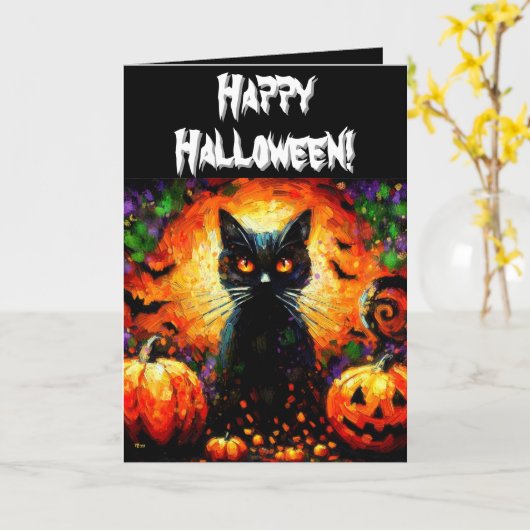 Halloween Black Cat & Jack-O-Lanterns Personalized カード (黄色い花)