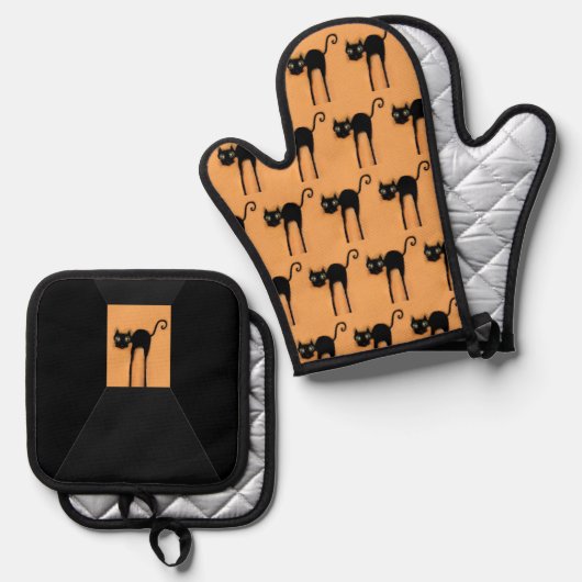 Halloween Black Cat Kitchen Decor 鍋つかみ&鍋敷きセット (正面/裏面)