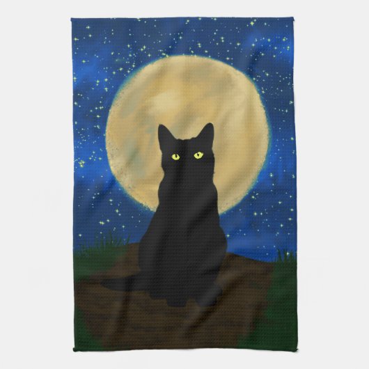Halloween Black Cat Moonlit Silhouette  キッチンタオル (縦)