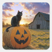 Halloween Black Cat On Pumpkin Hay Bale スクエアシール (正面)