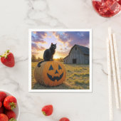 Halloween Black Cat On Pumpkin Hay Bale スタンダードカクテルナプキン (インサイチュ)