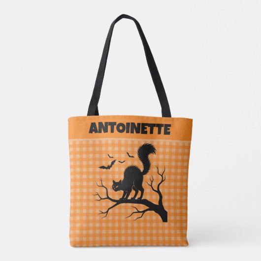 Halloween Black Cat on Tree Orange Gingham Plaid トートバッグ (裏面)