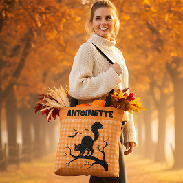 Halloween Black Cat on Tree Orange Gingham Plaid トートバッグ