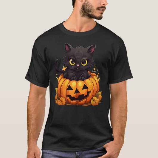 Halloween Black Cat Pumpkin Funny Spooky Kitty Boy Tシャツ (正面)