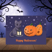 Halloween Black Cat, Pumpkins, Lantern on Purple カード