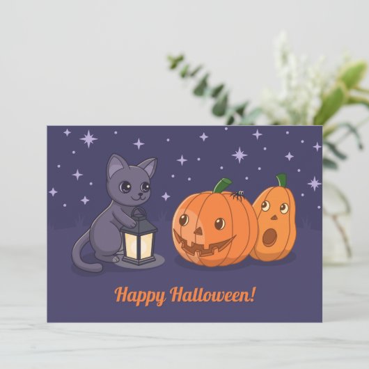 Halloween Black Cat, Pumpkins, Lantern on Purple カード (スタンド正面)