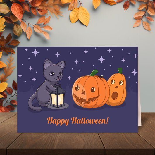 Halloween Black Cat Pumpkins Lantern Purple カード