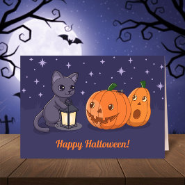 Halloween Black Cat Pumpkins Lantern Purple カード