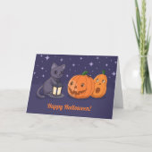 Halloween Black Cat Pumpkins Lantern Purple カード (正面)