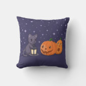 Halloween Black Cat Pumpkins Lantern Purple クッション (正面)