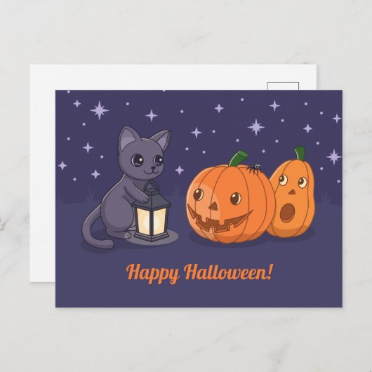 Halloween Black Cat Pumpkins Lantern Purple ポストカード (正面/裏面)