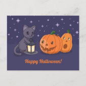 Halloween Black Cat Pumpkins Lantern Purple ポストカード (正面)