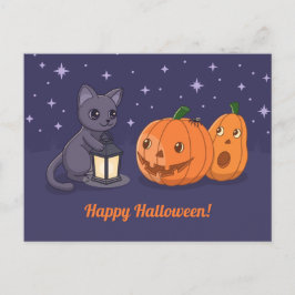 Halloween Black Cat Pumpkins Lantern Purple ポストカード