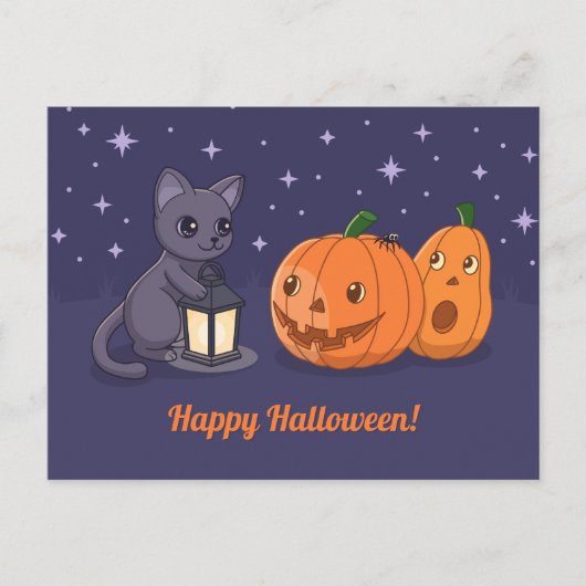 Halloween Black Cat Pumpkins Lantern Purple ポストカード (正面)