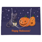 Halloween Black Cat Pumpkins Lantern Purple ラージペーパーバッグ (正面)
