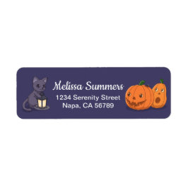Halloween Black Cat Pumpkins Purple Return Address ラベル