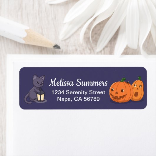 Halloween Black Cat Pumpkins Purple Return Address ラベル (インサイチュ)