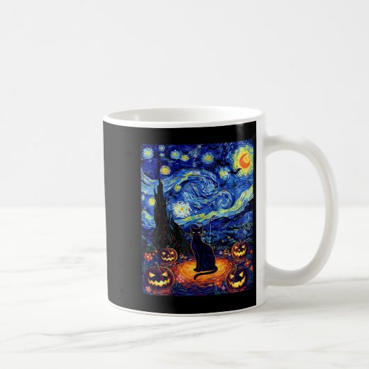 Halloween Black Cat Van Gogh Starry Night Cat Cost コーヒーマグカップ (右)