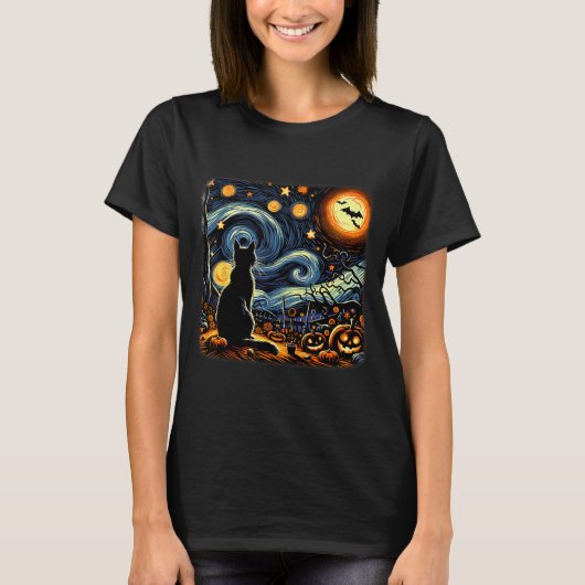 Halloween Black Cat Van Gogh Starry Night Cat Love Tシャツ (正面)