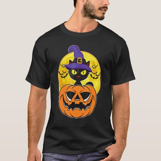 Halloween Black Cat Witch Hat Pumpkin For Kids Gir Tシャツ (正面)